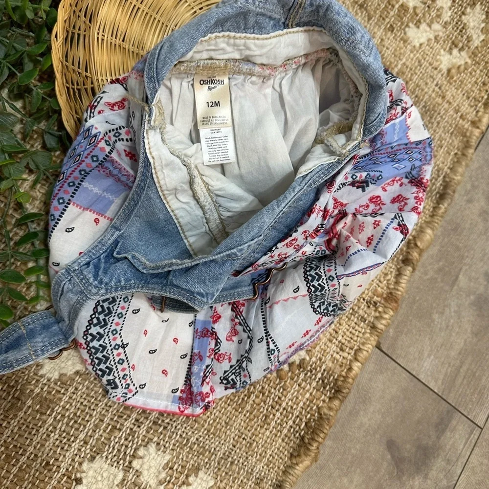 OshKosh B'gosh Red White Blue Denim Bandana Patchwork Overalls Dress Baby Girl